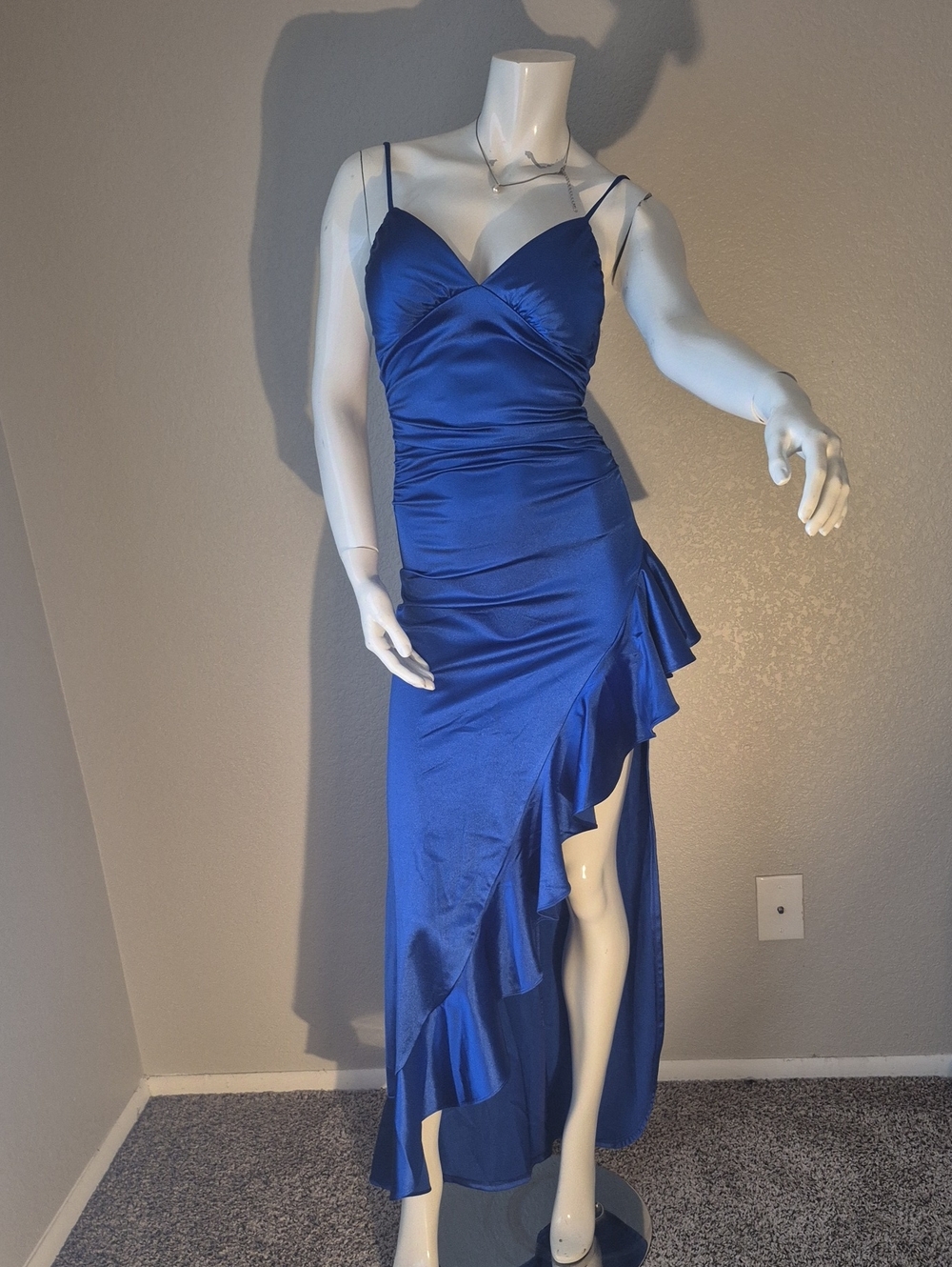 Katia Rae Strappy Royal Blue High-Low Ruffle Satin Dress